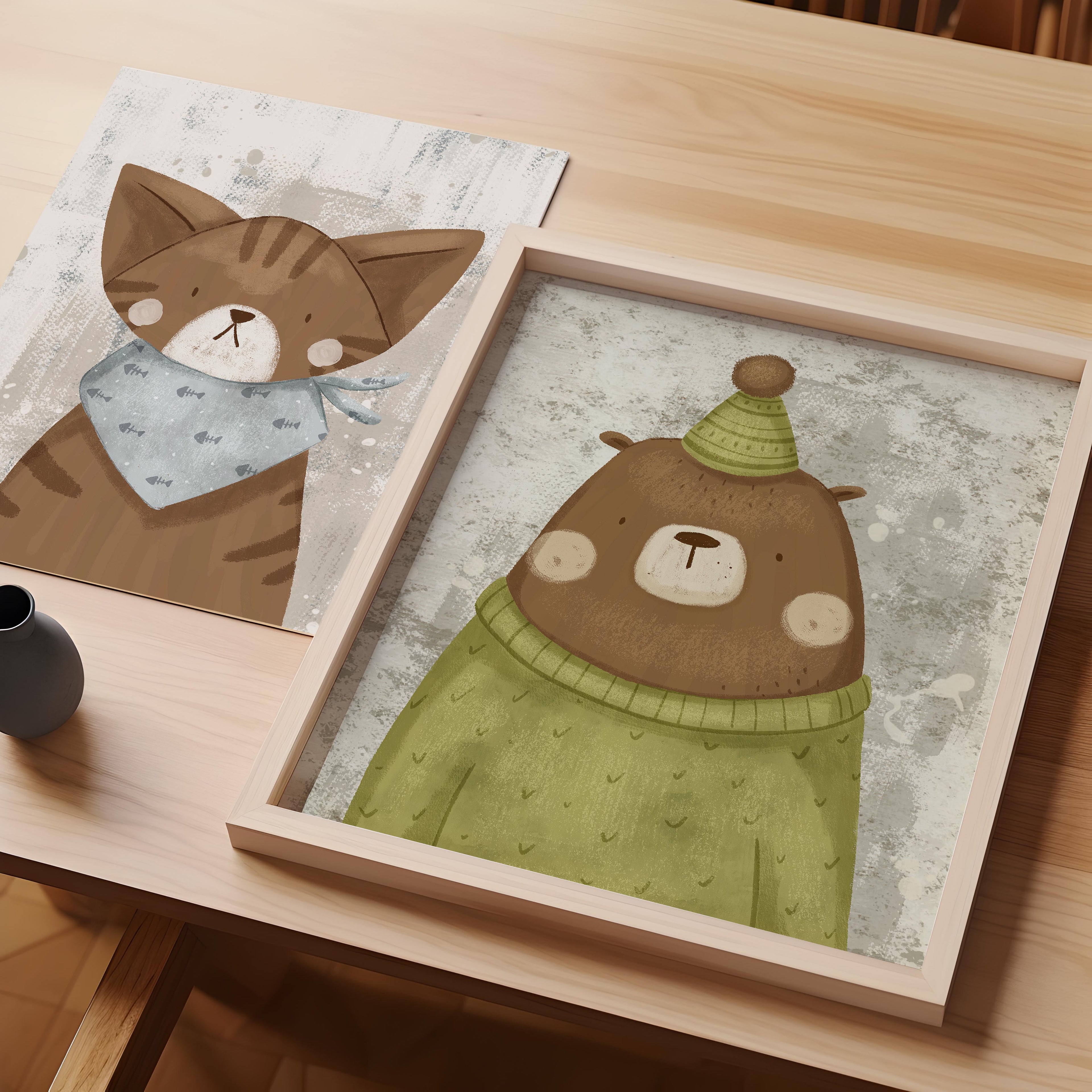 Bear Wearing a Green Shirt and Green Hat – Nursery Wall Art