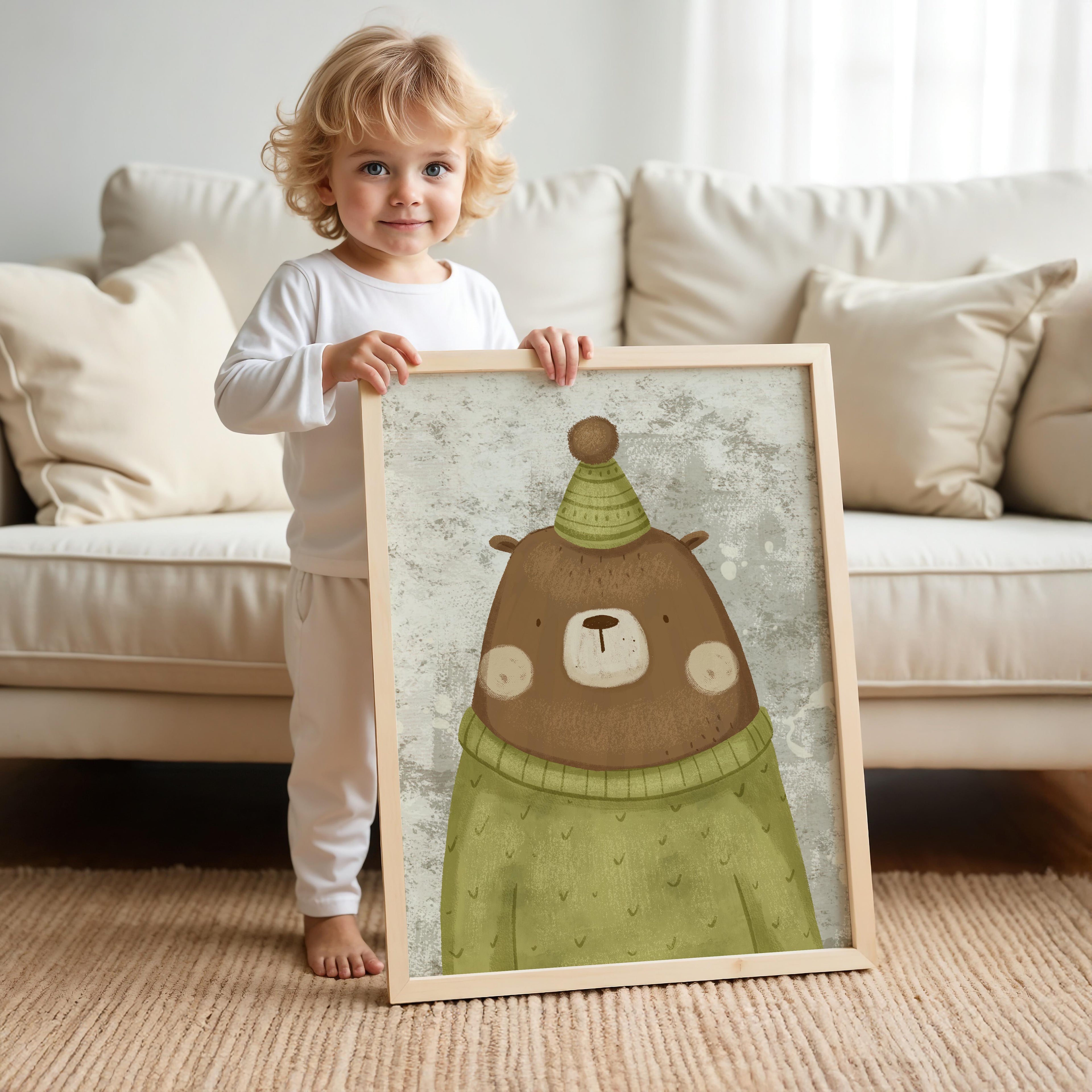 Bear Wearing a Green Shirt and Green Hat – Nursery Wall Art