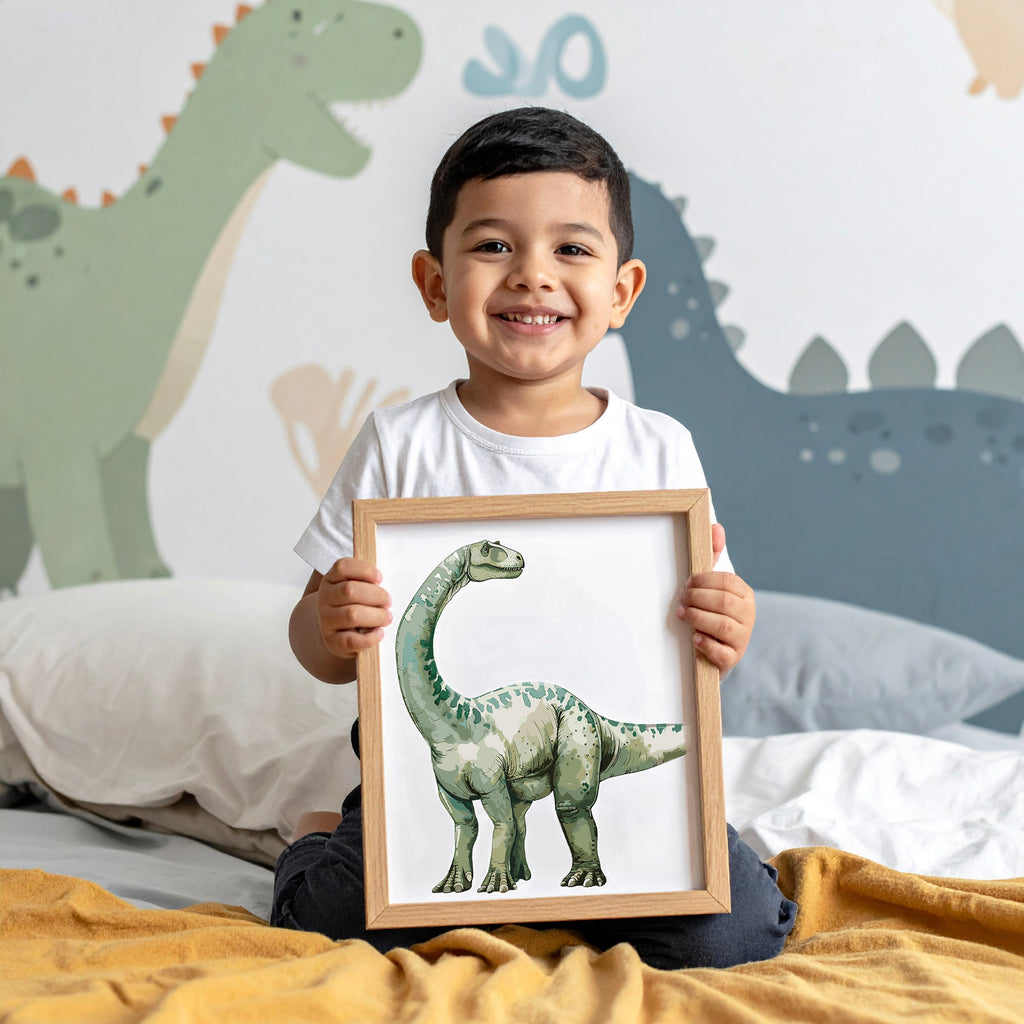 Child holding a framed picture of a dinosaur in a room with dinosaur-themed decor.