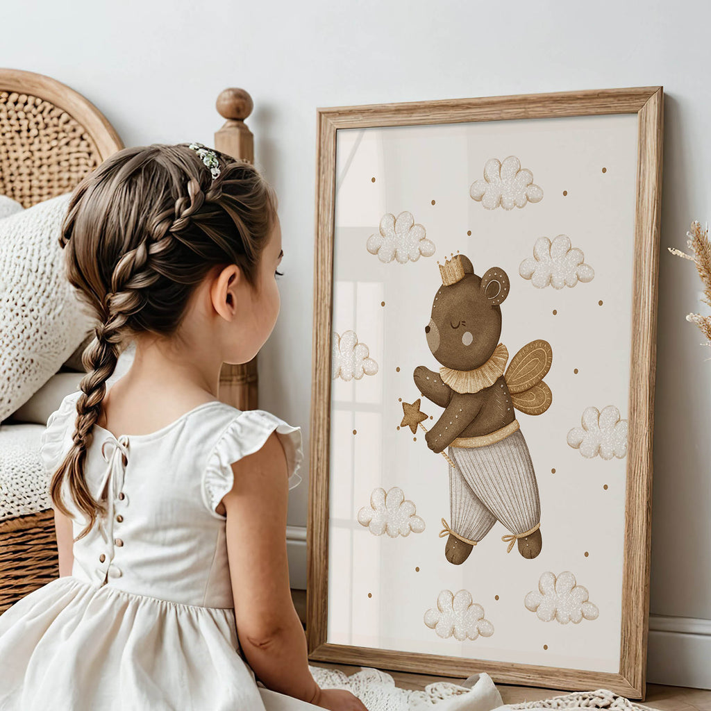Bear with Magic Wand – Whimsical Woodland Wall Art Print (Unframed)