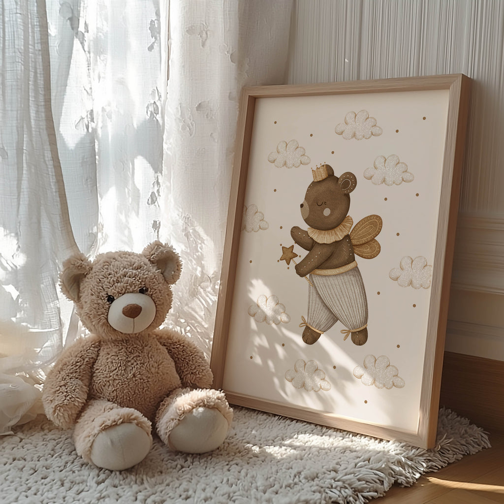 Bear with Magic Wand – Whimsical Woodland Wall Art Print (Unframed)